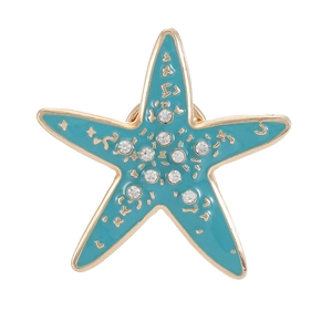 Cute blue enamel starfish brooch with gold metal plating and small rhinestone accents