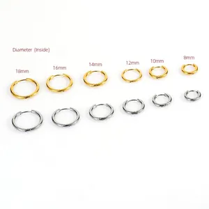 Polished stainless steel hoop earrings in gold and silver, available in 8mm to 18mm sizes