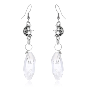 Boucles d'oreilles lune argentées avec pierres noires et gouttes de cristal de quartz