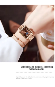 Detail of luxury square gold watch featuring a rhinestone bezel and moon phase display