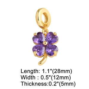 Detailed macro view of purple heart zircon clover pendant with product dimensions