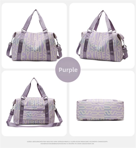 Detail view of purple travel bag with VIBES lettering and reinforced bottom straps