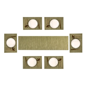 Olive green woven PVC placemat set with table runner for a modern six-person dining table