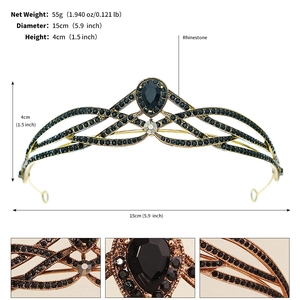 Detail view of a black rhinestone crown with dimensions 15cm diameter and 4cm height