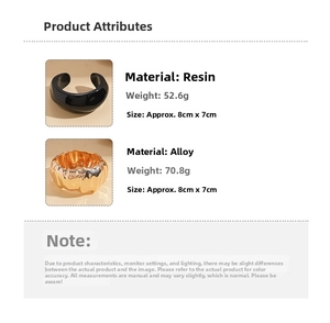 Detailed size specifications for wide resin and textured alloy open cuff bracelets