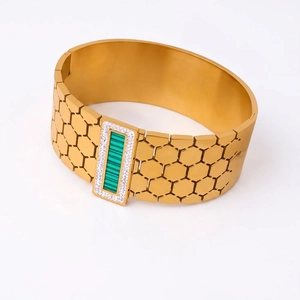 Retro Geometric Honeycomb Wide Bangle Stainless Steel Gold Plated Rhinestone Colorful Stone Inlaid Luxury Accessory