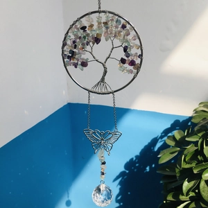 Detailed wire-wrapped tree of life crystal suncatcher with colorful stones and butterfly