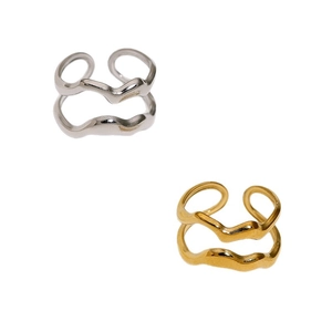 Minimalist double layer irregular wavy open rings in polished silver and gold stainless steel