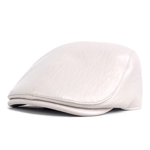 Detail view of cream PU leather beret showing textured stitching and vintage flat cap design