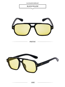 Lunettes de soleil rétro à double pont, monture noire et verres jaunes, vues de face et côté