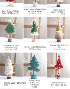 Detail grid of handmade wool felt Christmas tree ornaments with wooden bases in various styles