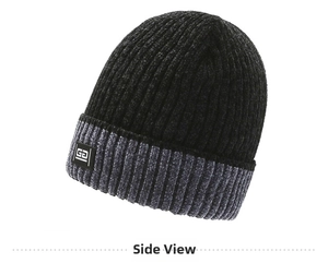 Detail of grey and black patchwork chenille knit beanie with logo patch for winter