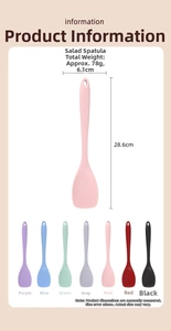 One-piece silicone salad spatula dimensions 28.6cm by 6.1cm with 7 color options available