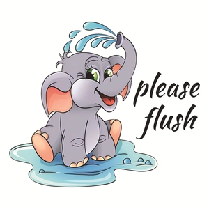 Cute cartoon elephant toilet sticker with 'please flush' text for bathroom decoration