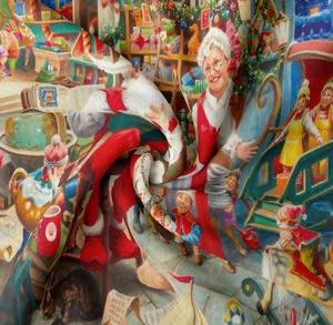 Detailansicht der Weihnachtswandteppich mit Stofftextur und Weihnachtsmann Ölgemälde Druck