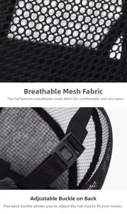 Detail of breathable mesh fabric and adjustable back buckle on black baseball cap