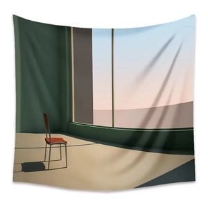 Detail showing minimalist indoor scenery tapestry with soft dusk landscape illustration