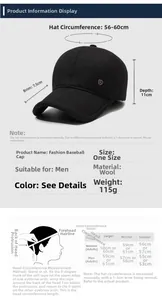 Size chart for men's winter baseball cap showing brim depth and head circumference guide