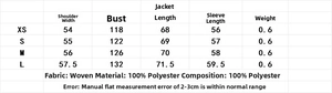 Size guide for women's woven jacket featuring detailed measurements in centimeters and grams