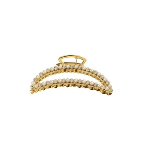 Elegant gold metal hair claw clip with faux pearls and rhinestones on white background