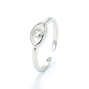 Minimalist silver Evil Eye open ring featuring a sparkling round zircon stone