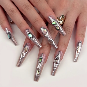 Long Coffin Press On Nails Silver 3D Liquid Metal Molten Design With Shell Fragment Y2K Elegant Style For Women