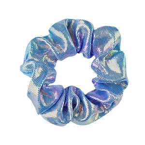 Detail of blue iridescent scrunchie with metallic laser finish and textured fabric