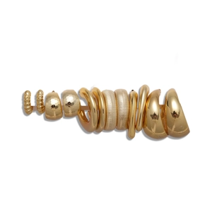12-piece gold geometric C-shaped earring set with polished and textured finishes