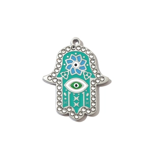 Macro shot of Hamsa hand pendant with blue evil eye enamel and sparkling rhinestones