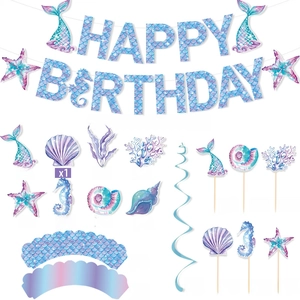 Mermaid theme happy birthday party decoration set with banners, swirls and cake toppers