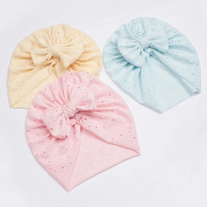 Breathable baby bow hats in yellow, pink and blue with hollow jacquard knit design