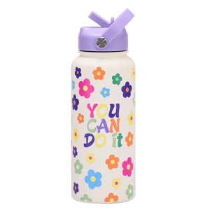 Detail of 1L stainless steel water bottle featuring lavender lid and floral pattern print