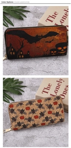 Long Halloween wallets with zipper featuring pumpkin and bat patterns in two color variants
