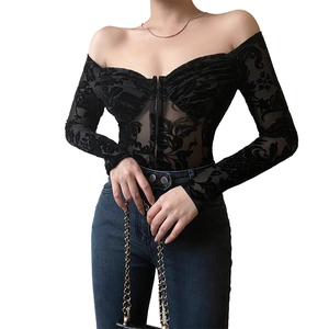 Close-up of black floral lace fabric on this elegant off-shoulder long sleeve bodysuit