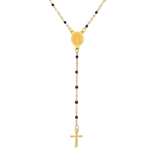 Collana rosario in acciaio inossidabile placcato oro 18K con grani neri e crocifisso