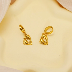Detailed view of 18K gold plated stainless steel hoop earrings with double dolphin pendant