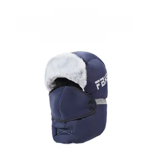 Navy blue winter aviator hat with thick grey faux fur lining and windproof face mask