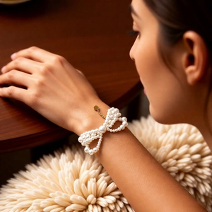 Close-up of pearl bow bracelet with gold chain and round charm on model's wrist