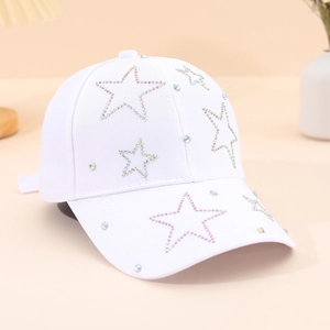 White baseball cap featuring colorful rhinestone star patterns for women's fashion