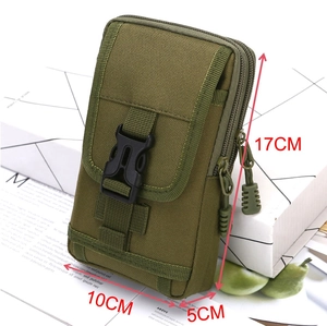 Army green tactical nylon waist bag with dual zipper compartments and buckle front pocket
