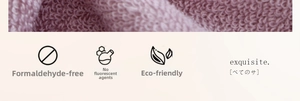 Detail of purple cotton towel texture with non-formaldehyde and eco-friendly icons
