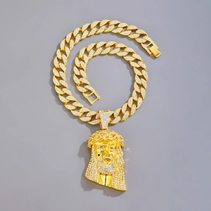 Hip hop gold Cuban chain necklace with sparkling iced out Jesus piece pendant for men