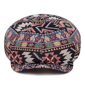 Ethnic newsboy cap with colorful geometric patterns and vintage bohemian knit style