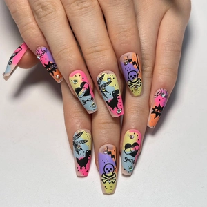 Graffiti style long coffin press-on nails with skull, heart patterns and rhinestones