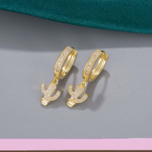 Exquisite gold-plated cactus hoop earrings with micro-set white zircon stones
