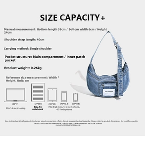 Size chart for retro washed denim hobo bag showing dimensions and large capacity