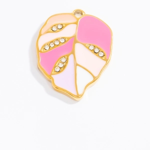 Detailed monstera leaf pendant with pink enamel and rhinestones on gold stainless steel