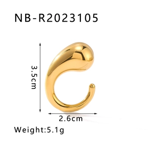Detail of teardrop gold stainless steel ring showing dimensions 3.5cm by 2.6cm and 5.1g weight
