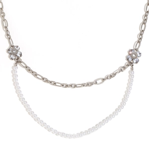 Double-layered silver floral necklace with rhinestone flowers and elegant pearl bead strand