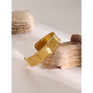 Minimalist 18k gold stainless steel open cuff bracelet with artistic hammered texture